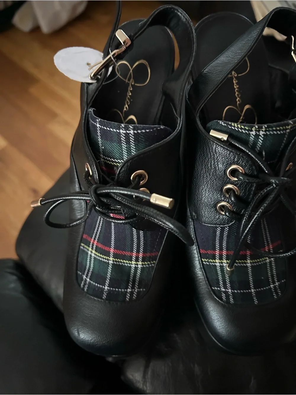 Jessica Simpson Black Platform Mary Jane with Tartan Inset